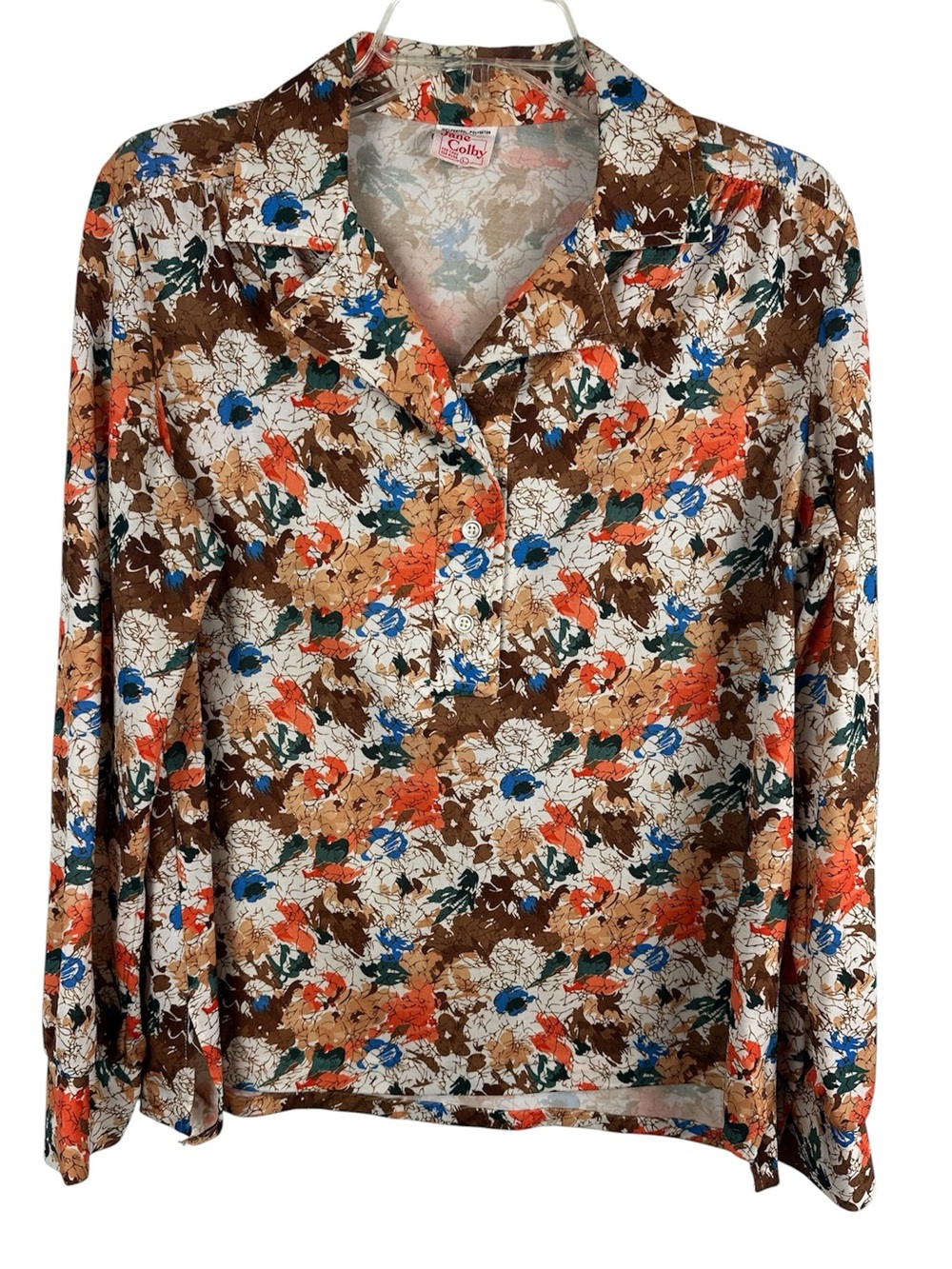 Vintage 70s Jane Colby Floral Blouse Brown Orange Blue Qiana Fortrel Made USA L